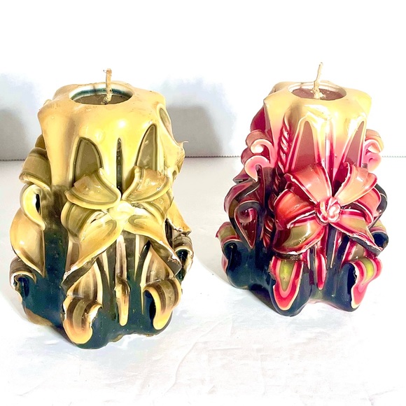 Set of 2 Unique vintage Artisan  hand carved 70s Glow ribbon candles Not Used. - Picture 9 of 9